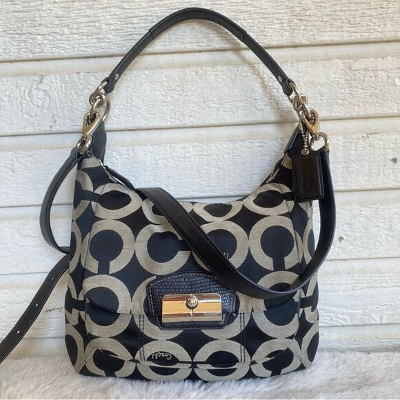 COACH Signature Black Grey Kristin Op Art Hobo Satchel Crossbody 19331 - Picture 1 of 14